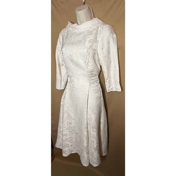 Unique Vintage Stunning Creamy White Jacquard Dress M 6 8 NWOT Wedding Party - Picture 7 of 9